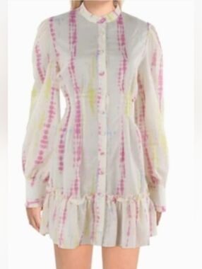 NWOT Beulah Style Ruffled Tie-Dye Linen MIni Long Sleeve Dress
